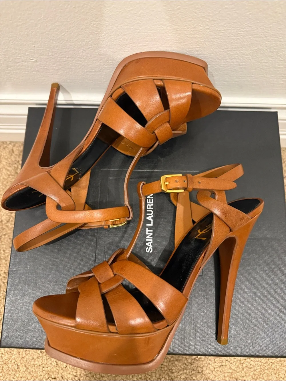 Saint Laurent Tribute 105 Camel Leather Platform Sandals Heels 37.5 Full Set - Picture 4 of 13